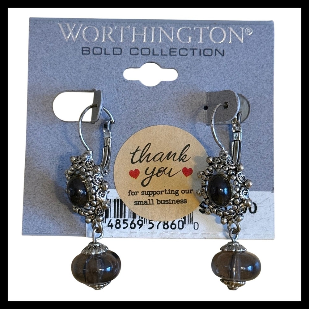 NWOT Worthington Bold Collection Silver‎ Tone Dark Stone Leverback Earrings